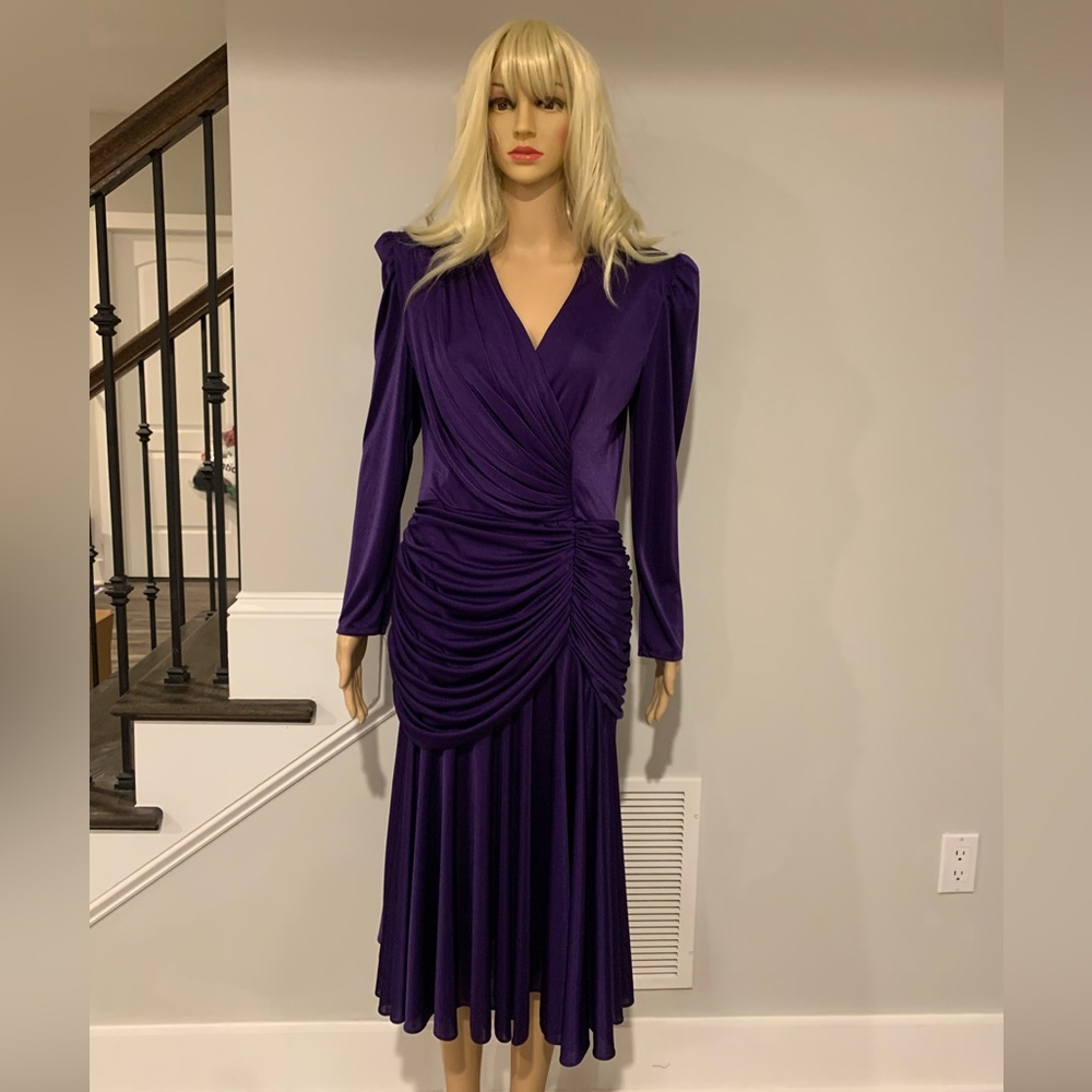 Vintage 1980’s Filigree purple draped dress with ruched detailing
